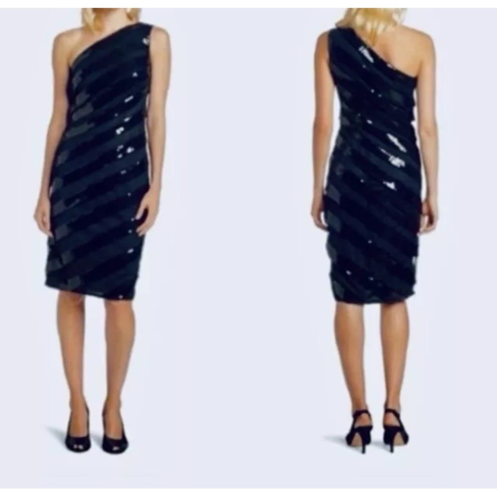 Tadashi shoji sequin one shoulder party dress sz 2 black mesh cocktail